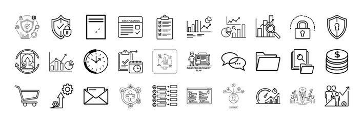 Fototapeta premium Set of 30 outline icons related to Cybersecurity, Dashboard, investment strategy, stock market and financial growth