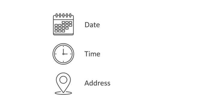 Simple line art icons representing essential details like date time and physical location for event planning organization
