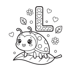 Fototapeta premium L is for Ladybug Kawaii Insect Coloring Page for Kids Bold Outline Smiling Line Art