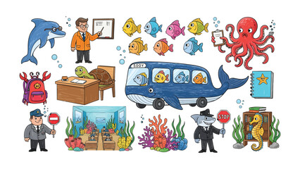Ocean World Illustration: A whimsical illustration of ocean creatures embarking on a school bus adventure, guided by a teacher and a bus driver. © hafs121