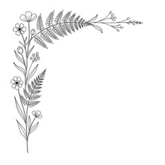 Delicate floral corner border with hand-drawn wildflowers and ferns