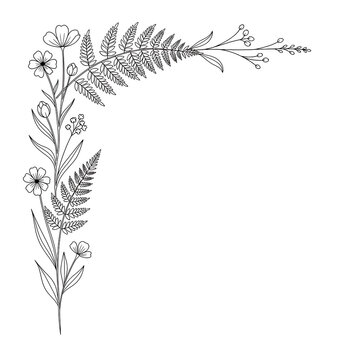 Delicate floral corner border with hand-drawn wildflowers and ferns