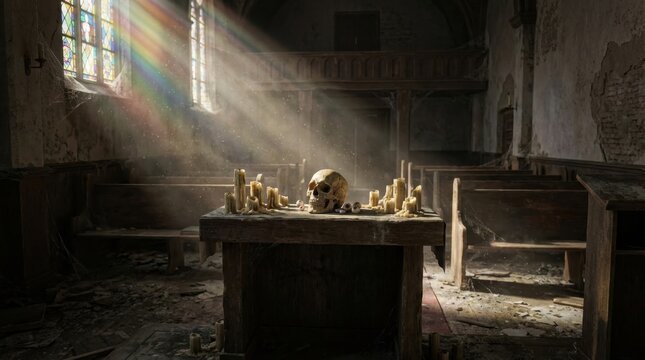 Dramatic rays of light illuminate an old altar with religious artifacts in a dimly lit church interior viewed from the front