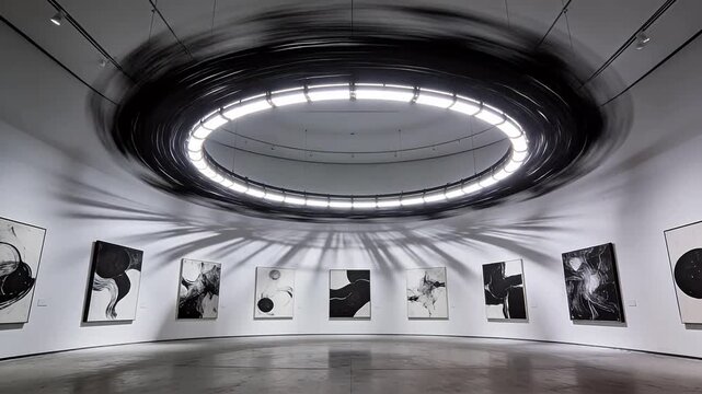 Modern art gallery with round ceiling lights and abstract paintings