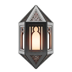 Elegant Metallic Islamic Lantern with Ornate Cutouts and Warm Light, Isolated