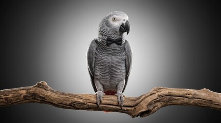 Obraz premium A gray parrot perched on a wooden branch, viewed from the front, showcasing its plumage in a studio setting