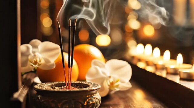 Incense smoke rising from holder with lit candles and white orchids
