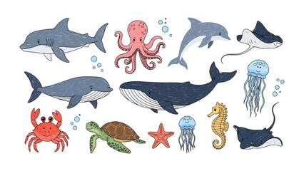 Ocean Life Illustration: A vibrant collection of marine creatures, showcasing the beauty and diversity of ocean life. Each creature is intricately drawn, reflecting a colorful underwater scene. © hafs121