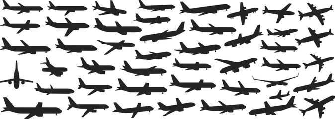 Diverse Collection of Airplane Silhouettes in Various Poses and Angles aircraft aviation © MDBENJIR