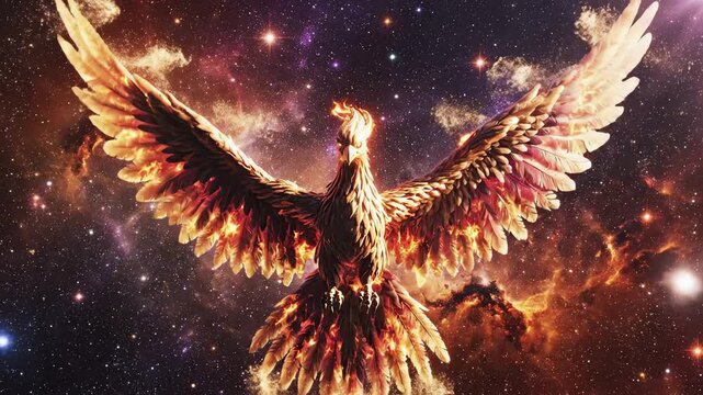 Mythical phoenix rebirth in cosmic nebula, fiery bird emerging from swirling galaxy, symbolizing hope, renewal, and eternal cycle against starry universe backdrop, majestic fantasy creature