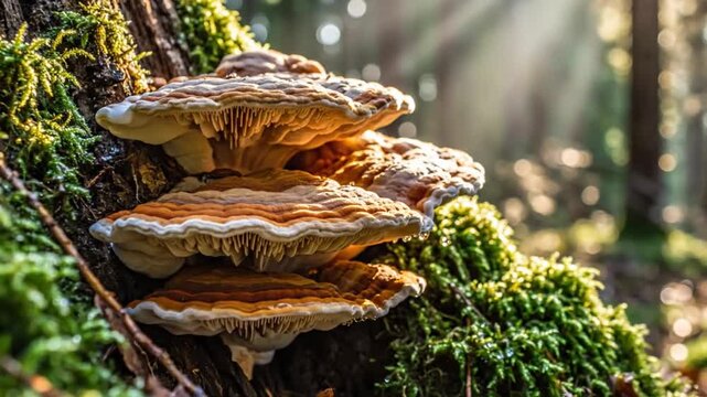 Sunlight streams on vibrant shelf mushrooms growing on a moss-covered tree in a forest setting