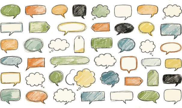 Craft scrapbook speech bubbles with crayon scribbles and pencil texture. Hand drawn outline dialogue bubbles with torn paper rough edges. Chat speech boxes, chalk drawn oval and clouds.
