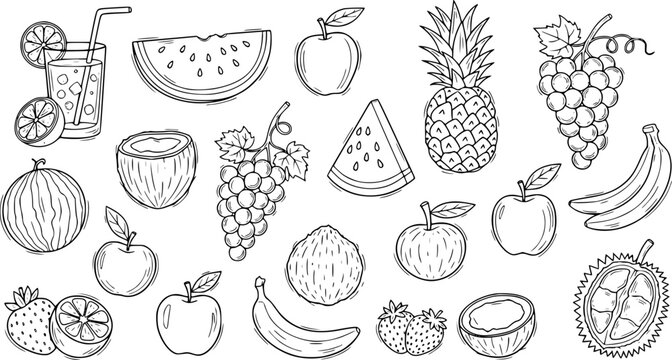 A set of hand drawn vegetables and fruits featuring a healthy collection of fresh food icons like apple, banana, strawberry, and pineapple in a sweet vector illustration drawing