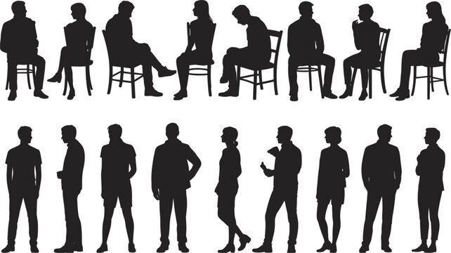 Diverse group of people silhouettes sitting and standing in various poses vector illustration