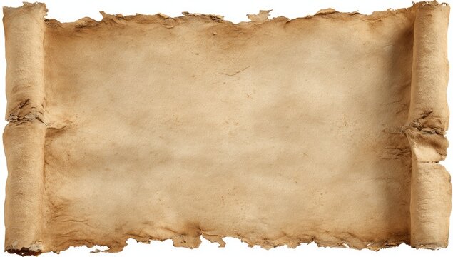 Aged parchment scroll unfurled, slightly torn with visible creases