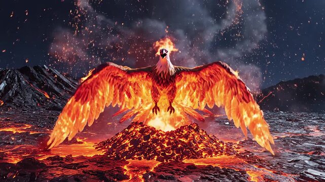 Mythical phoenix rebirth from volcanic ashes and molten lava, emerging with fiery wings and glowing eyes in a dramatic eruption, symbolizing renewal and power, epic fantasy scene