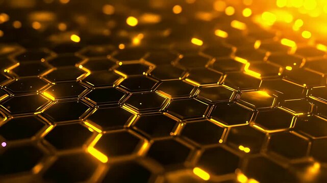 Golden honeycomb pattern with illuminated hexagons and vibrant yellow glow.