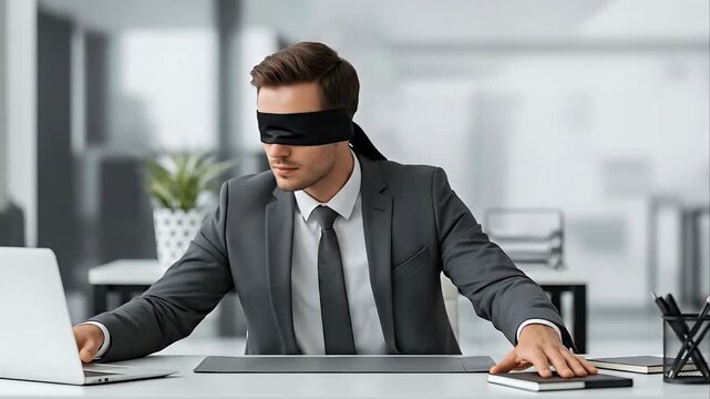 Blindfolded Businessman Sitting at Desk in Office Trying to Navigate Without Sight