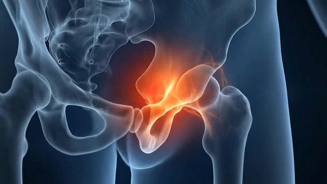 Close up 3d medical animation shows painful hip joint with glowing red inflammation inside a transparent human pelvis against a dark blue background representing health and disease concept