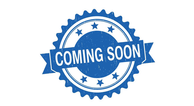 Blue circular grunge rubber stamp icon featuring a banner that prominently displays the text coming soon in bold white lettering