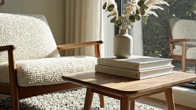 Sunlit Cozy Living Room Chair Side Table Scene.