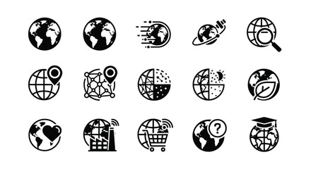 Multiple globe icons with various symbols a striking silhouette © MDAUAL