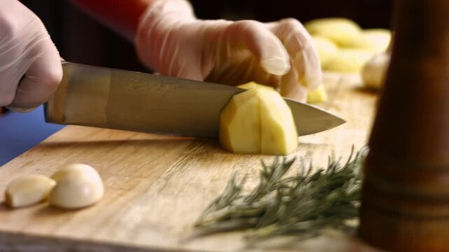 Person wearing white gloves is using a knife to slice a potato in a kitchen setting