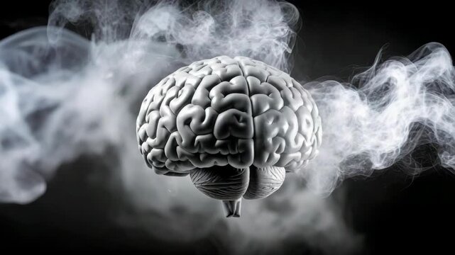 Abstract concept of a white brain model enveloped in swirling white smoke on a dark background