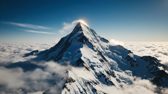 Majestic Mountain Peak: A soaring mountain peak pierces the clouds, bathed in sunlight, representing the ultimate test of human ambition and the beauty of natural grandeur.