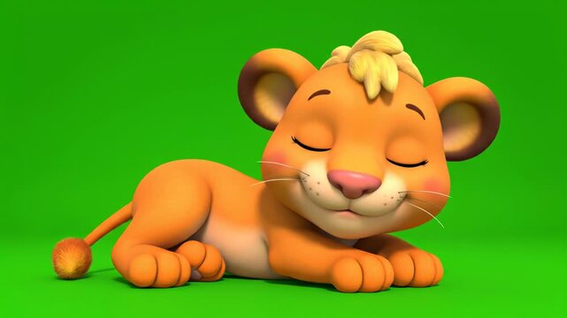Adorable Animated Lion Cub Napping Peacefully, Tail Wagging on Green Screen Background