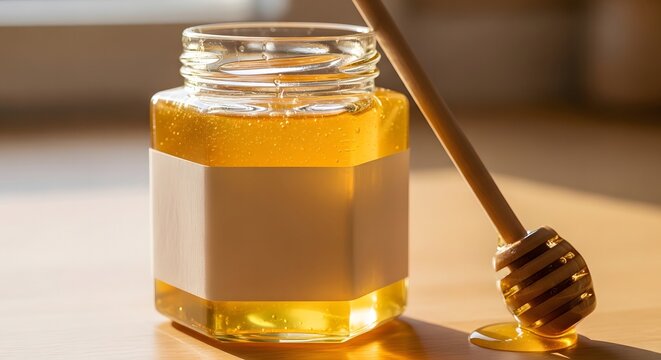 Hexagonal glass jar filled with golden honey. The label is a blank, wrap-around light beige paper. A wooden honey dipper rests beside it