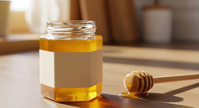 Small hexagonal glass jar filled with golden honey. The label is a blank, wrap-around light beige paper. A wooden honey dipper rests beside it