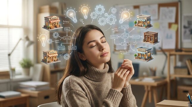 Woman planning business strategy with innovative ideas and franchise models visualized