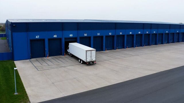 Large blue warehouse with numbered loading docks and a white semi trailer