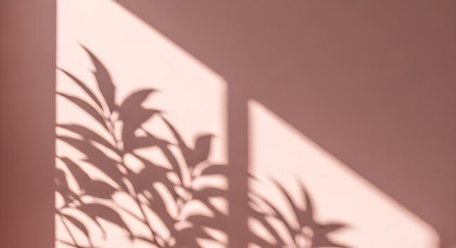 A visually calming and minimalist shot showcasing the elegant shadows of plant leaves cast upon a warm, pinkish-brown wall. A prominent diagonal patch of bright sunlight illuminates part of the wall.