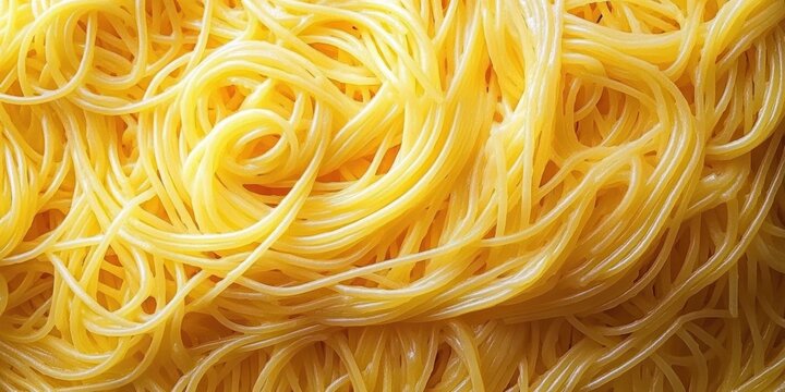 close-up of uncooked golden thin pasta strands and nests, warm inviting texture