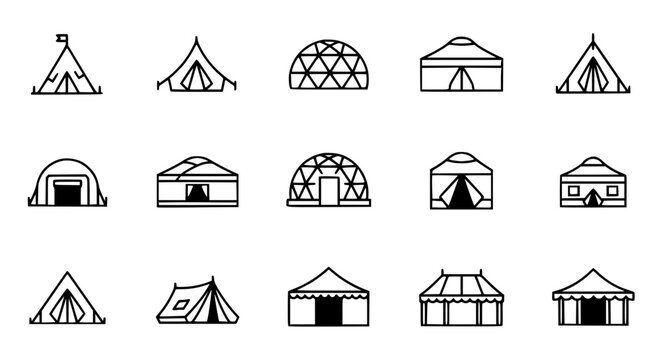 Camping and Military Tent Icon Set Vector Outdoor Shelters Yurts Marquee Symbols