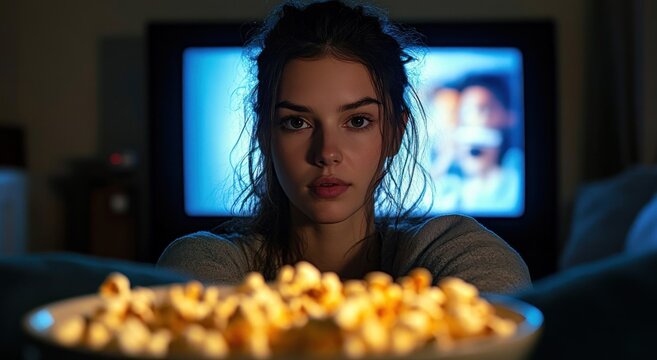 person on couch with bowl of popcorn in foreground watching television in a dim cozy living room, relaxed and quietly anticipating the movie