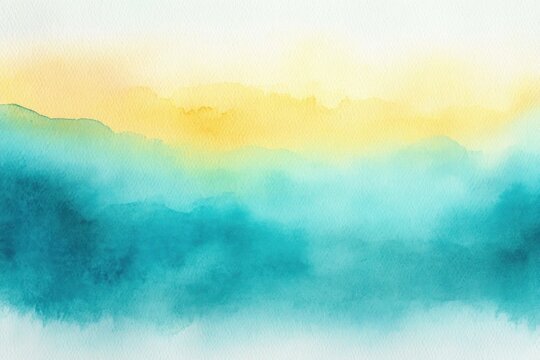 golden sunrise over turquoise watercolor wash and misty horizon with soft paper texture, tranquil and calm atmosphere