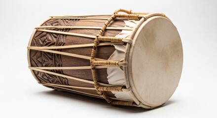 Traditional Indonesian Bedug Drum Made of Carved Wood and Animal Skin Leather