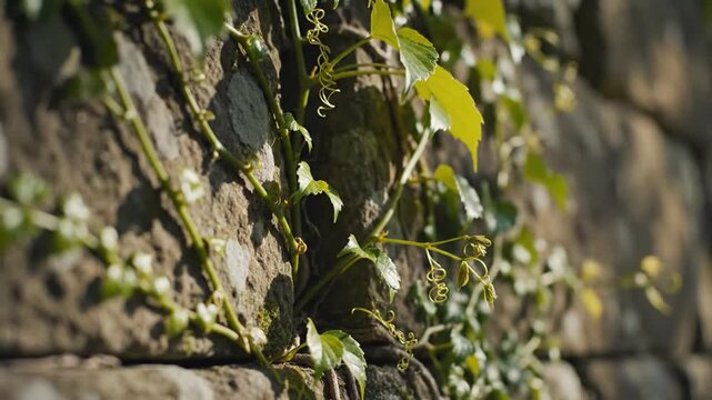 Vine Tendrils Climbing a Weathered Stone Wall