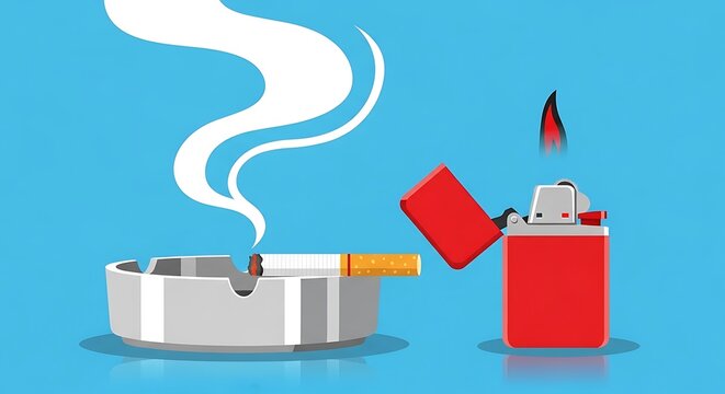 Smoking cigarette with lighter and ashtray.