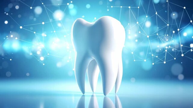 Abstract digital representation of a healthy human tooth with a glowing network backdrop