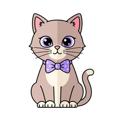 Cartoon cat with a charming purple polka dot bow tie and big purple eyes, vector illustration for kids and design elements