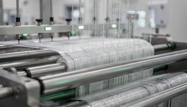 Closeup medium shot of advanced machinery producing fully biobased polyester fibers from plantderived monomers showcasing innovation in ecofriendly fabric manufacturing.