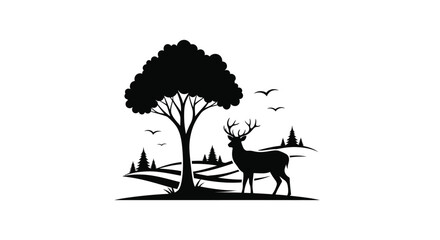 A majestic stag stands beneath a tree with birds a striking silhouette © MSTSALINA