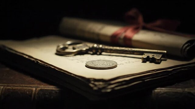 Vintage key on open book with tied scroll in background