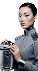 Futuristic Asian Woman in Grey Uniform Holding a Metallic Box.