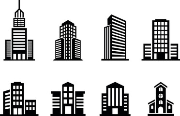 A collection of modern city skyscrapers and buildings in black silhouette.