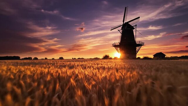 Sunset Over Golden Wheat Field With Windmill.